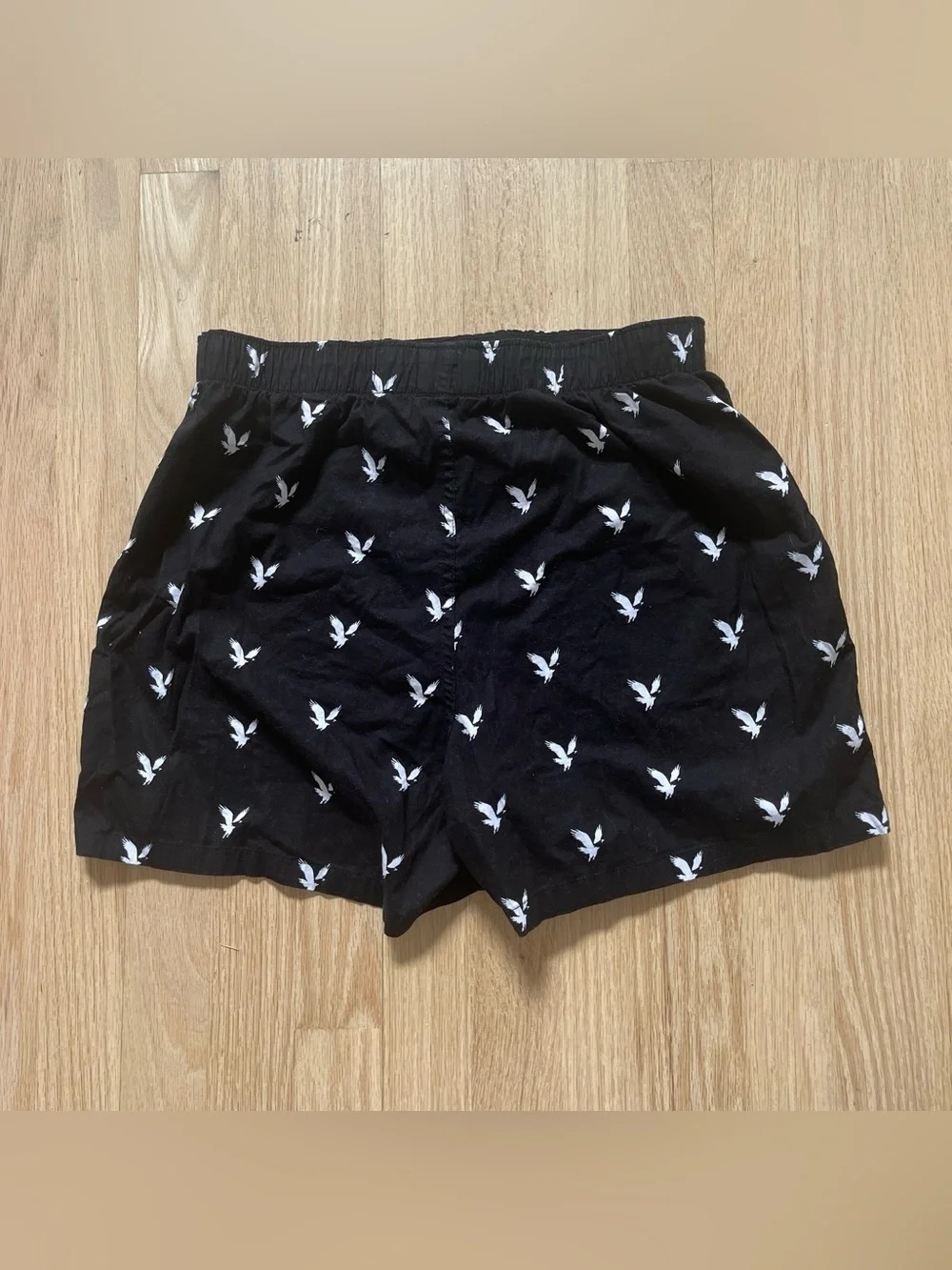 Women’s American Eagle Black Boxer Shorts with white eagle print